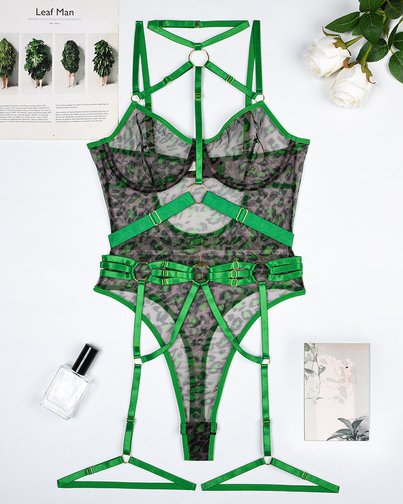 Leopard Mesh Bodysuit with Steel Ring