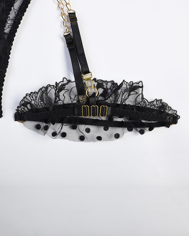 Besticktes Spitzen-Dessous-Set mit Kette