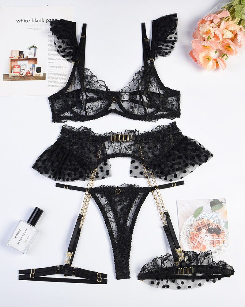Besticktes Spitzen-Dessous-Set mit Kette