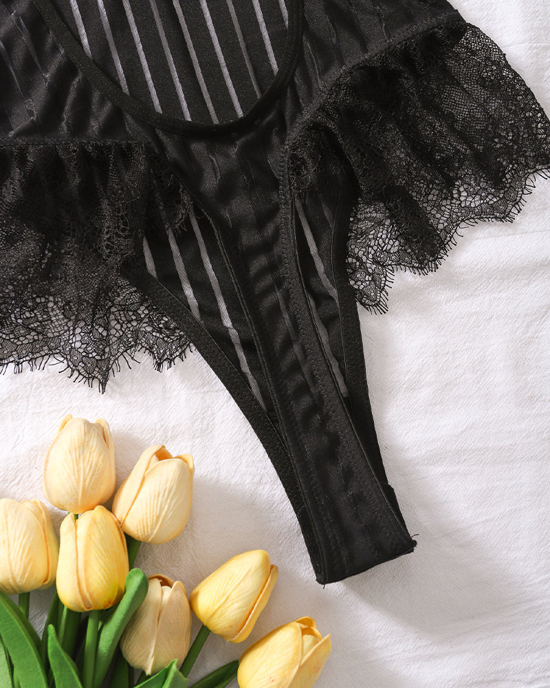 Ketten-Feder-Wimpern-Spitzen-Bodysuit