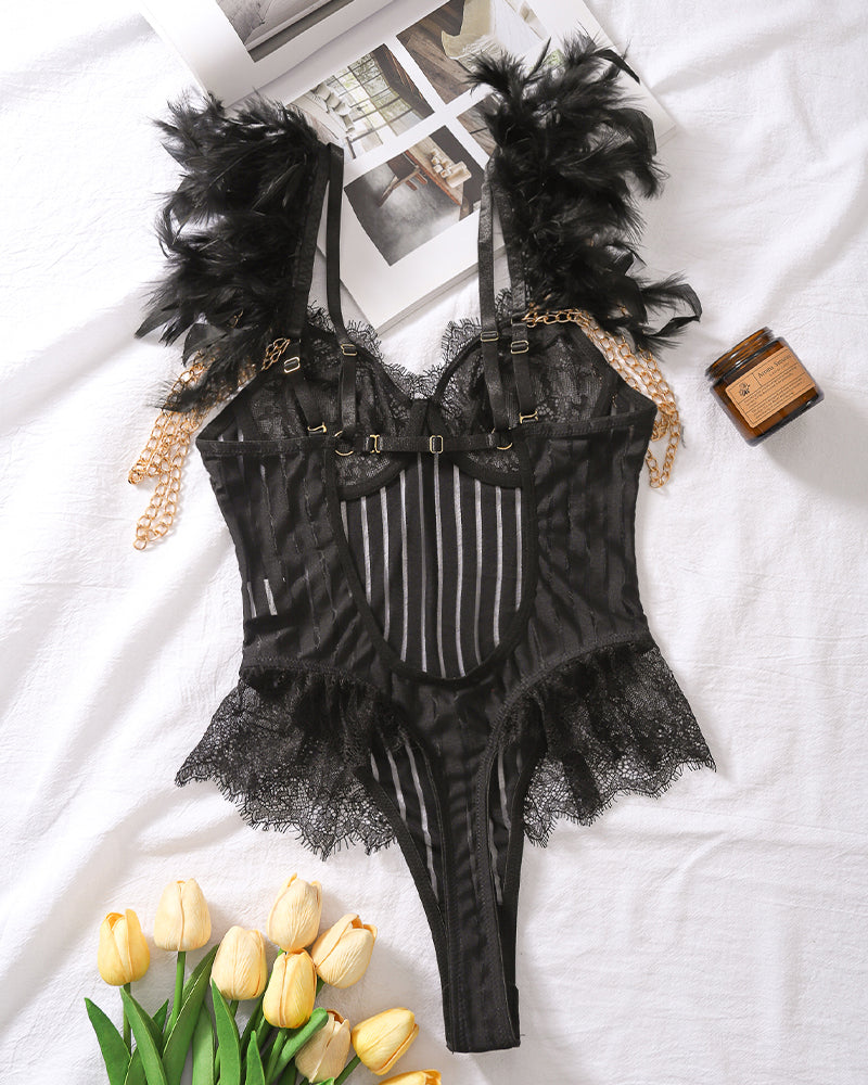 Ketten-Feder-Wimpern-Spitzen-Bodysuit