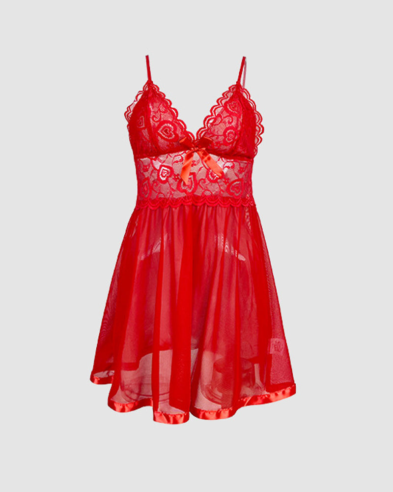 Mesh-Slipkleid mit kontrastierender Spitze und Schleifendekor