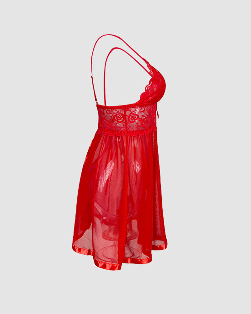 Mesh-Slipkleid mit kontrastierender Spitze und Schleifendekor