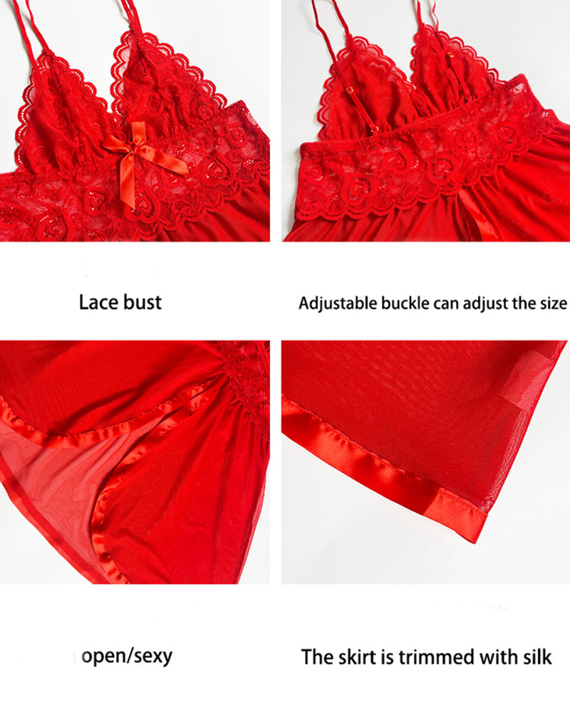 Mesh-Slipkleid mit kontrastierender Spitze und Schleifendekor