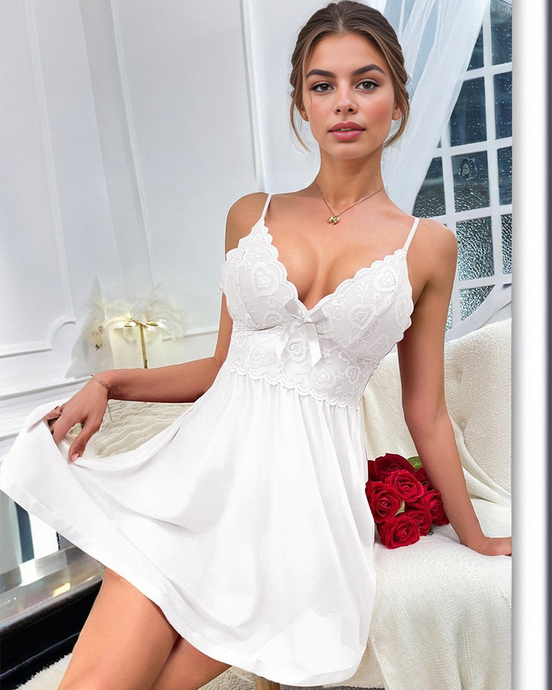 Mesh-Slipkleid mit kontrastierender Spitze und Schleifendekor