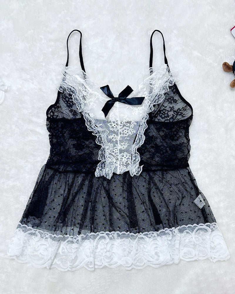 Plus Size durchsichtige Spitze Patchwork Maid Set