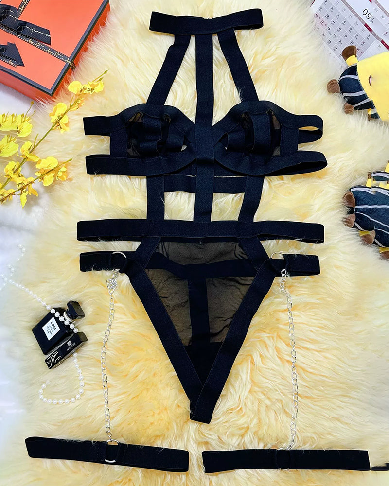 Plus Größe Mesh Cut Out Teddy Kette Strumpfband Sets