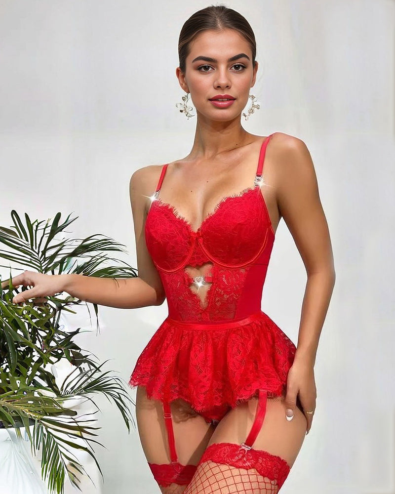 Spitze Hollow Out Bodysuit Mini Rock mit Strumpfband