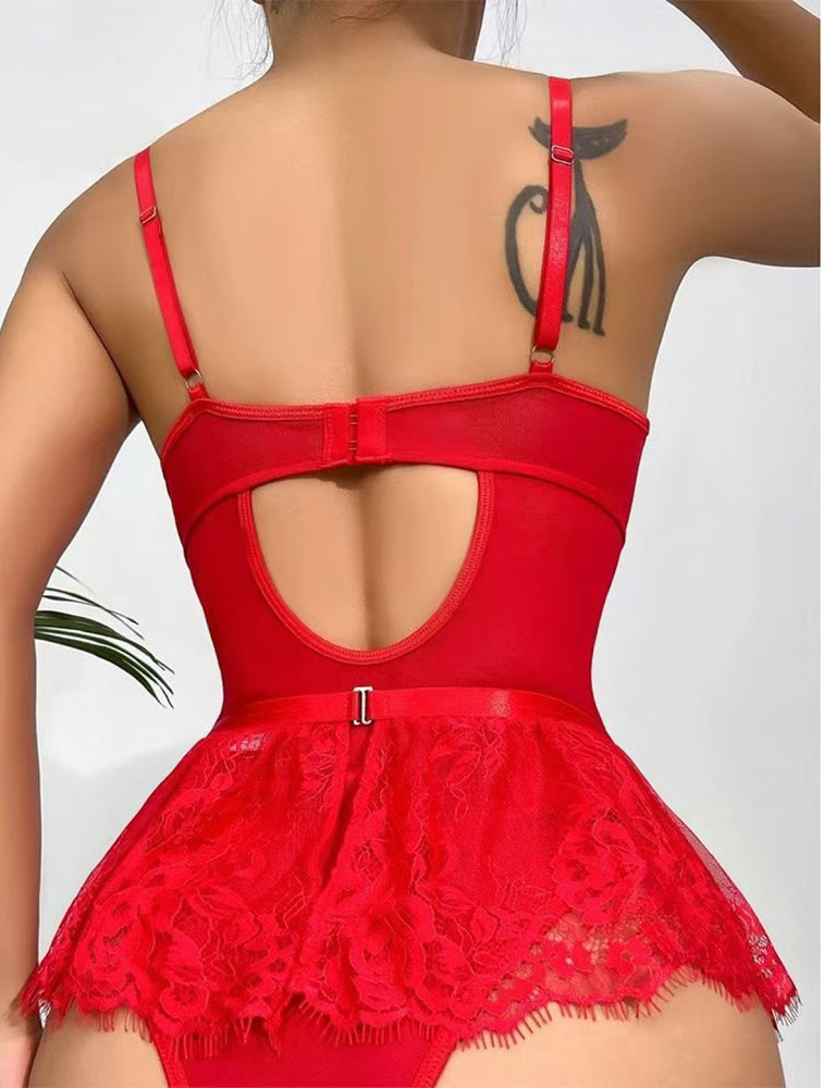 Spitze Hollow Out Bodysuit Mini Rock mit Strumpfband