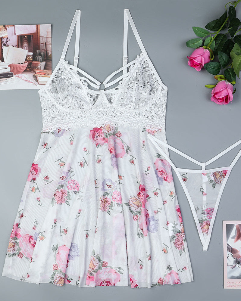 Floral Lingerie Set Cut Out Strappy Babydoll