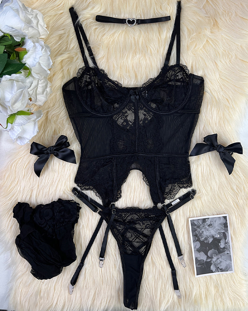 Florales Spitzenkorsett-Dessous-Set mit Strümpfen