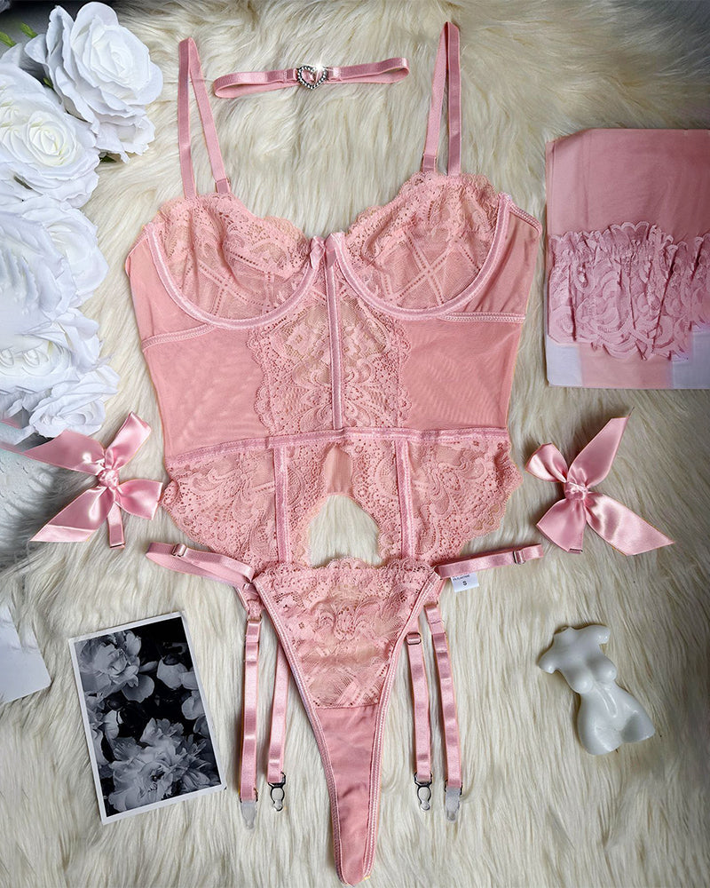 Florales Spitzenkorsett-Dessous-Set mit Strümpfen