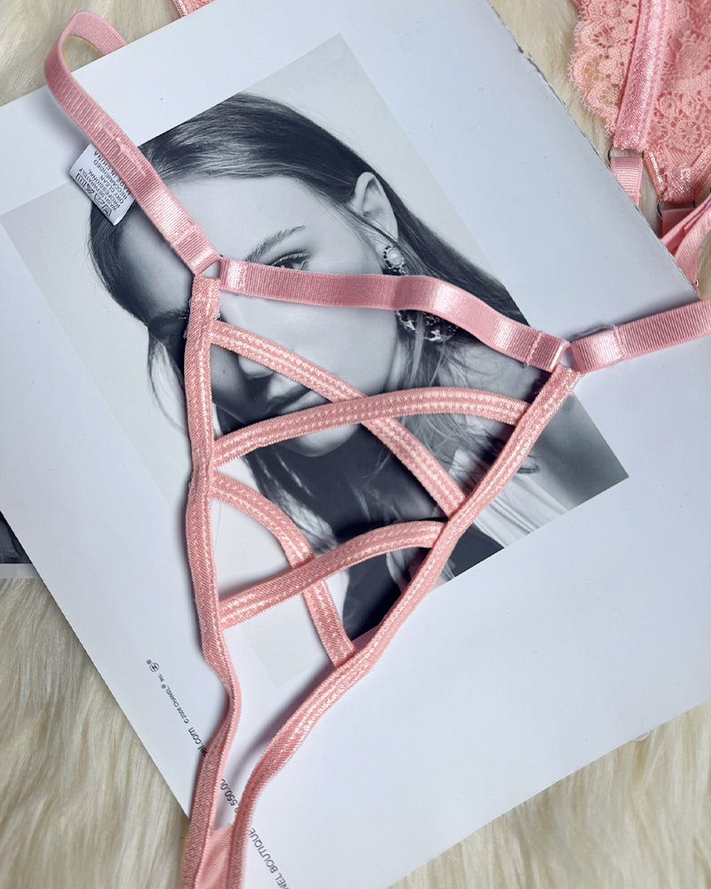 Florales Spitzenkorsett-Dessous-Set mit Strümpfen
