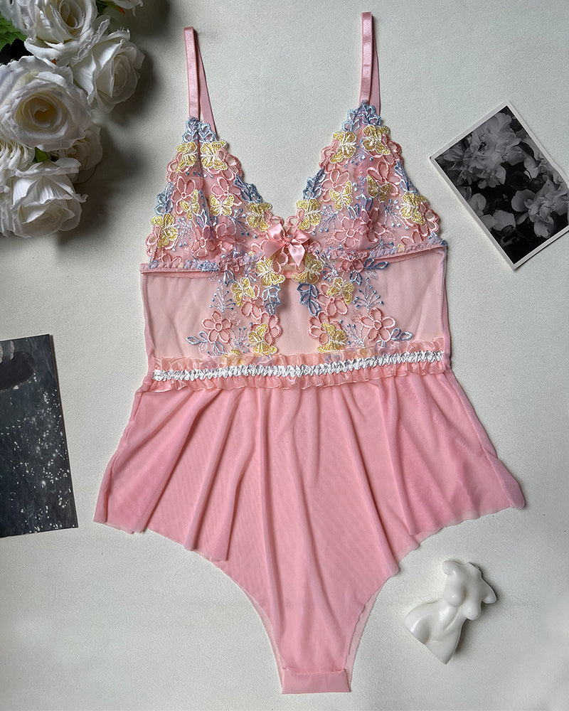 Bestickter floraler Spitzen-Bodysuit Dessous