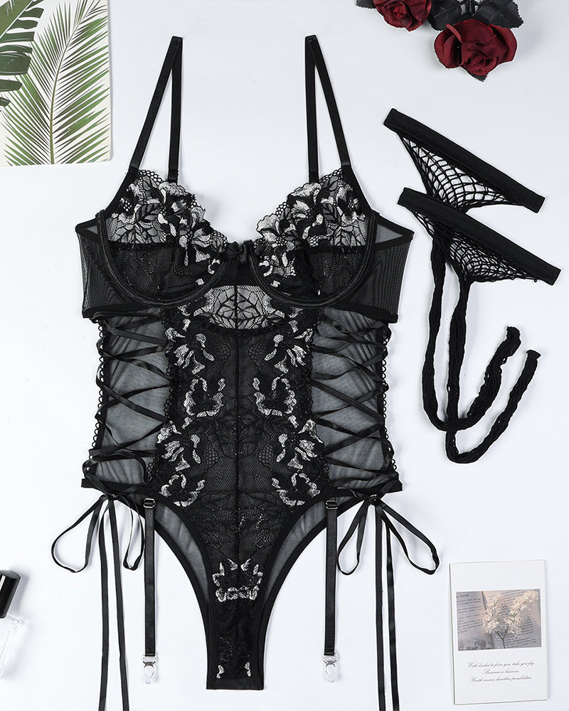 Lace Tie Dessous Bodysuits mit Strümpfen