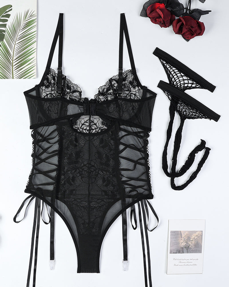 Lace Tie Dessous Bodysuits mit Strümpfen