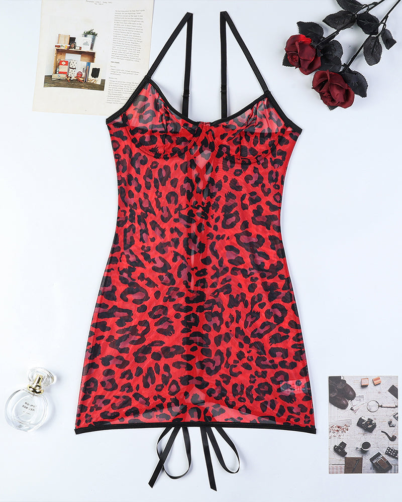 Leopard Rückenfreies Mini-Kleid mit Spitze