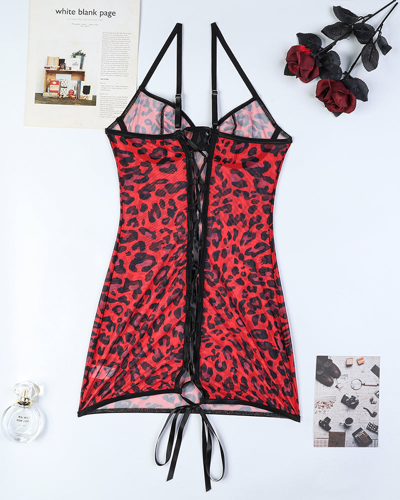 Leopard Rückenfreies Mini-Kleid mit Spitze