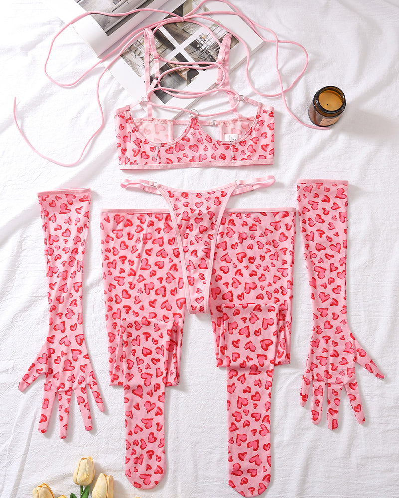 Leopard Mesh Handschuhe und Strümpfe Dessous Set