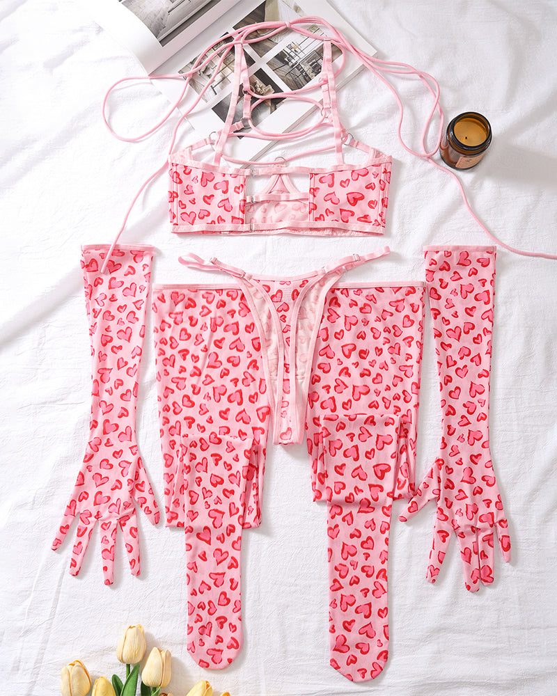 Leopard Mesh Handschuhe und Strümpfe Dessous Set