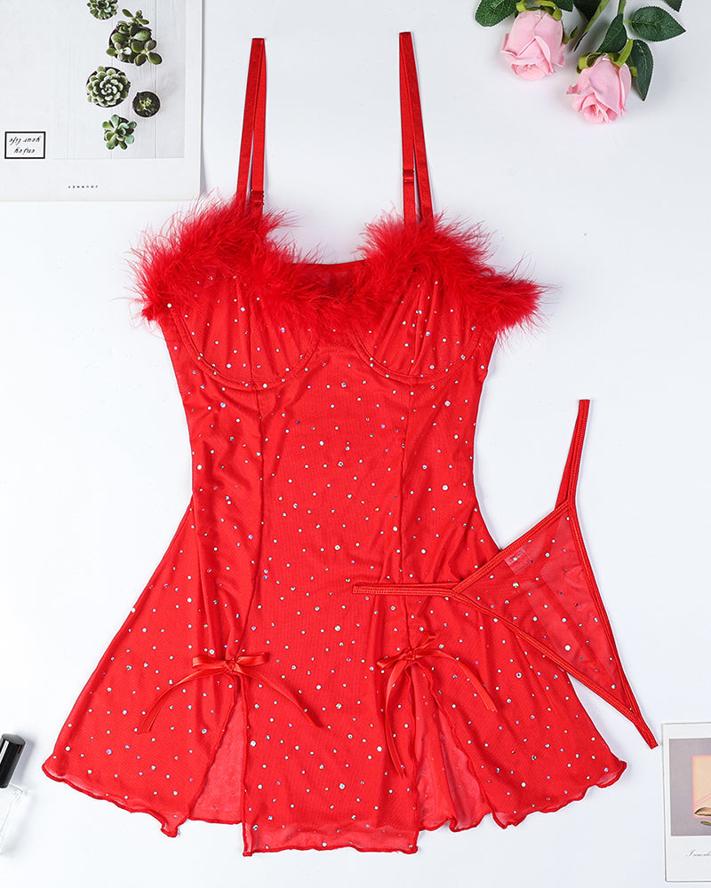 Diamant-Durchsichtiges Kleid mit elastischem Schlitz Set
