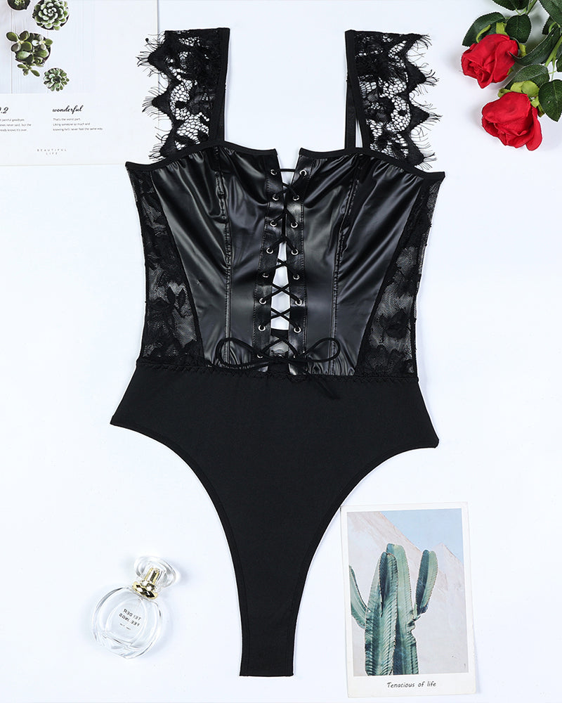 Leder und Spitze Camisole Bodysuit