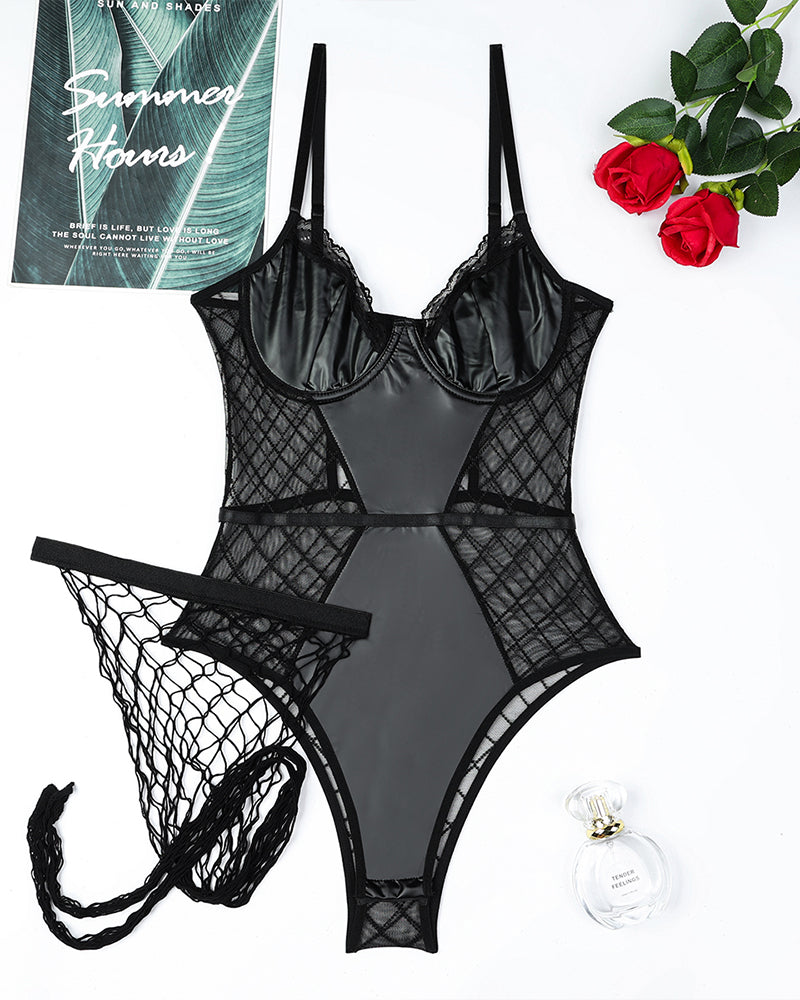 Mesh-Leder-Spitzen-Bodysuit