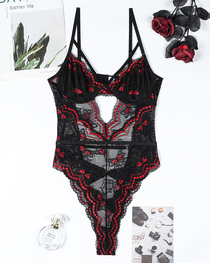 Stickerei Schleife Ausschnitt Spitze Bodysuit