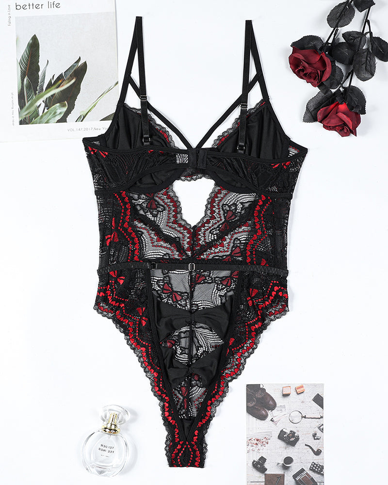 Stickerei Schleife Ausschnitt Spitze Bodysuit