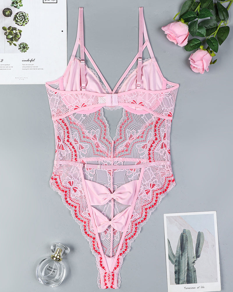 Stickerei Schleife Ausschnitt Spitze Bodysuit
