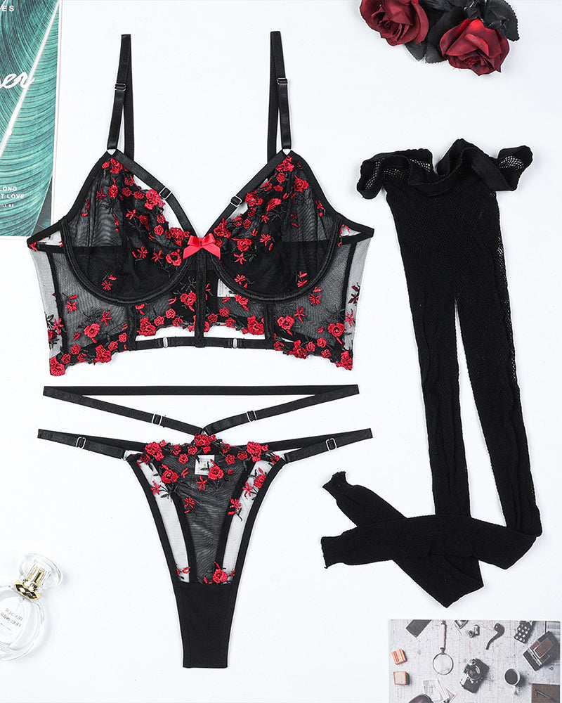 Bestickte Blumen-Hohlstrümpfe BH-Set