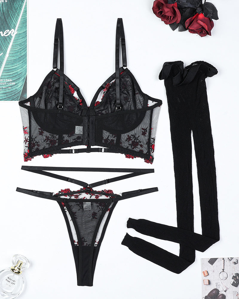 Bestickte Blumen-Hohlstrümpfe BH-Set