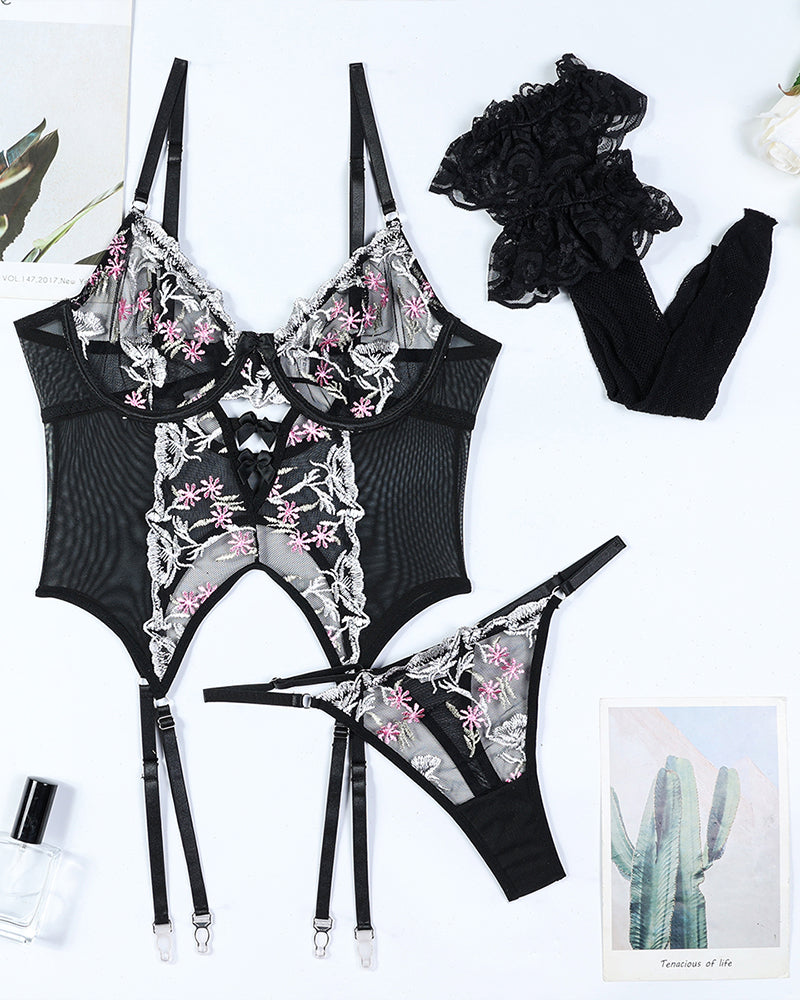 Flower Embroidered Stockings Bra Set