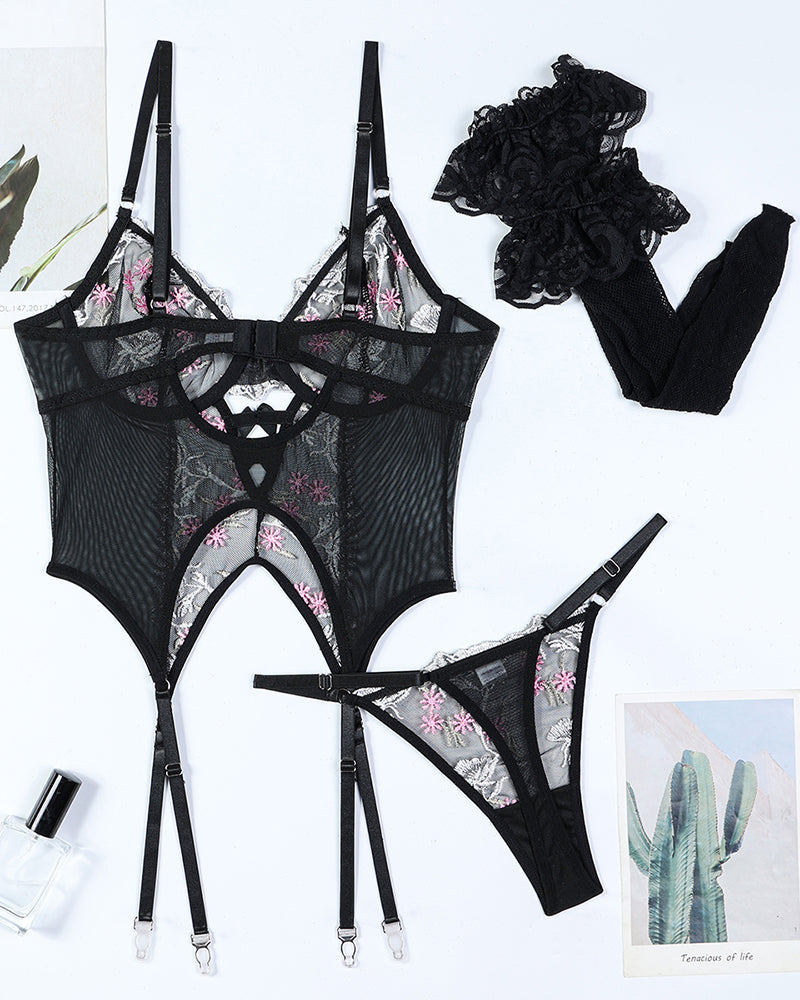 Flower Embroidered Stockings Bra Set