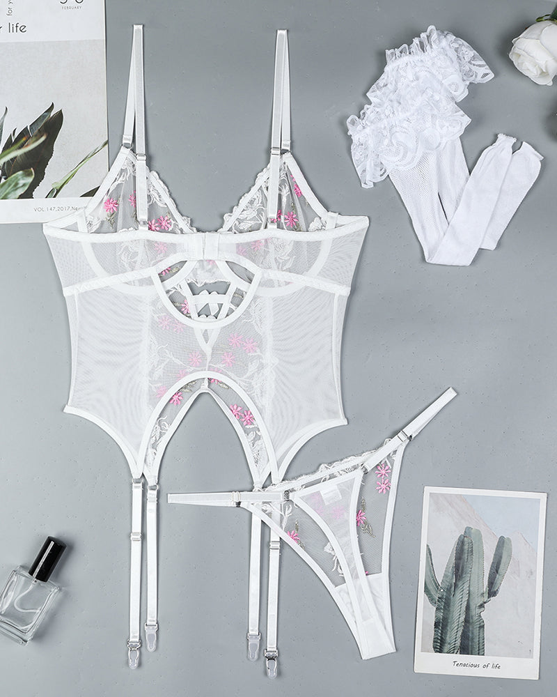 Flower Embroidered Stockings Bra Set