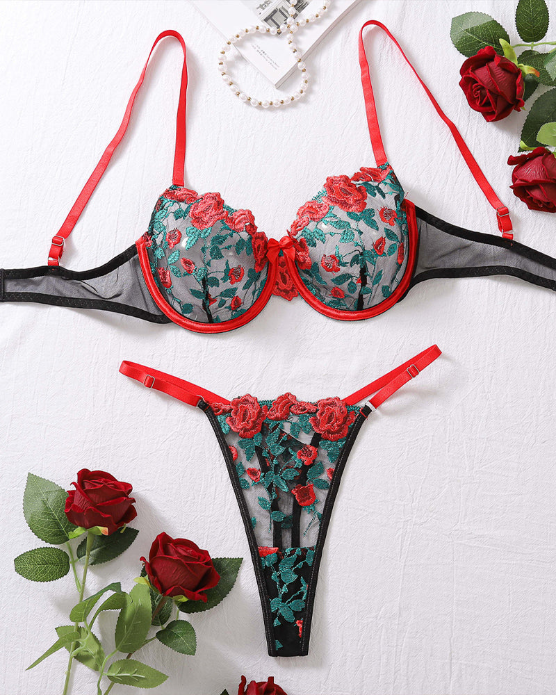 Durchsichtiges BH-Set mit floraler Stickerei