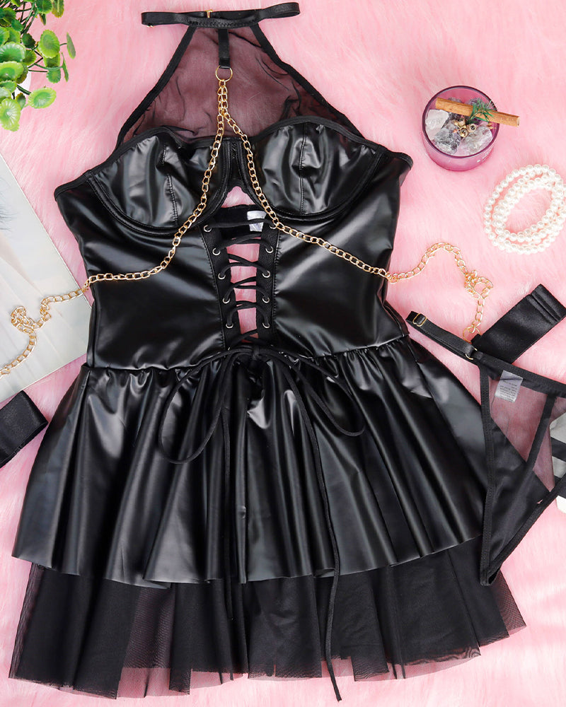 PU Leather Halterneck Tie Mesh Mini Dress