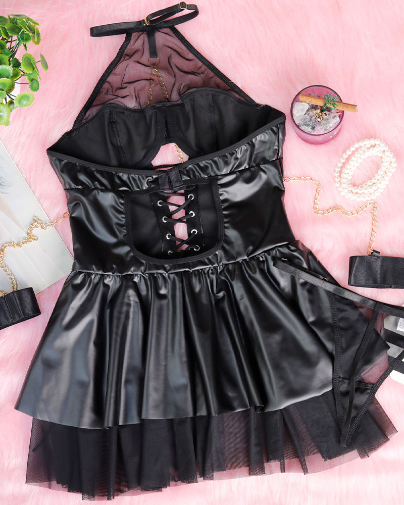 PU Leather Halterneck Tie Mesh Mini Dress