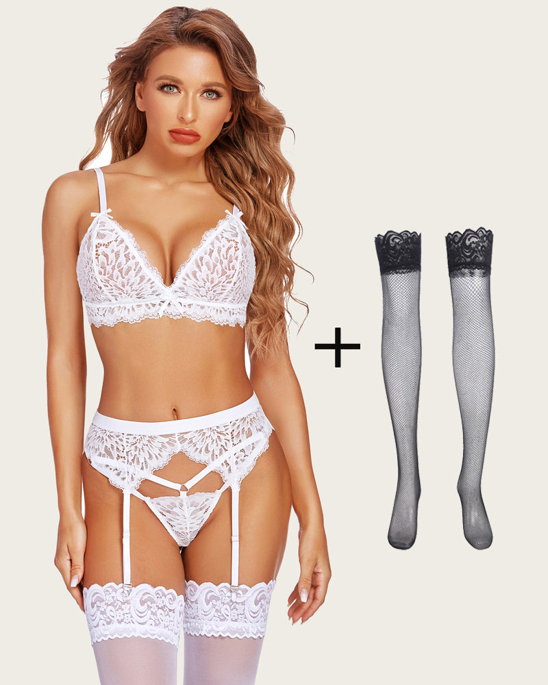 3 Stück Lace Leaves BH und Panty Set mit Strumpfband