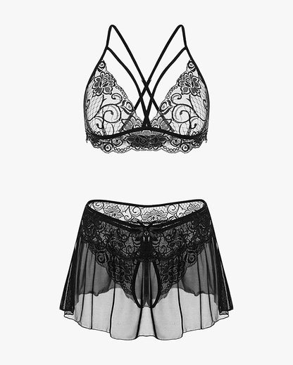 3 Stück Sets Spitze Bralette. Rock mit Höschen