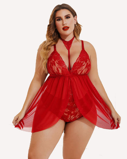 Plus Size Spitze Babydoll Mesh Choker Nachtwäsche