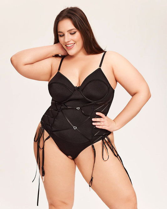 Tummy Control Bodysuit mit Strapsgürtel-Schwarz