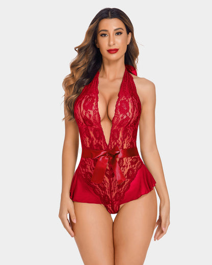 Spitze Teddy Bodysuit Halter V-Ausschnitt Einteiler