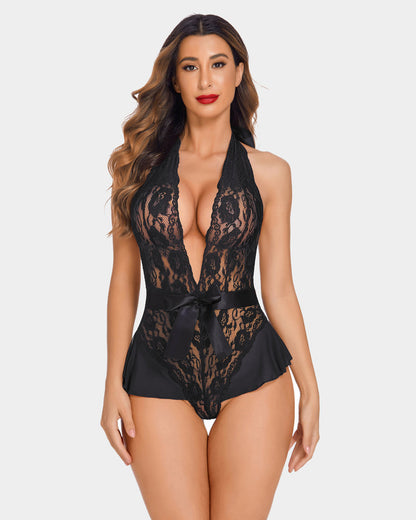 Leopard Spitze Halter V-Ausschnitt Bodysuit