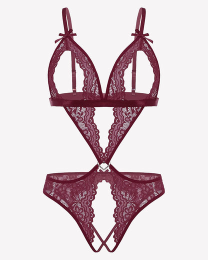 Tiefer V-Teddy-Bodysuit aus Spitze