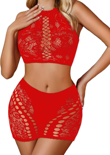 Zweiteiliges Set aus Fischnetz-Crop-Top und Shorts