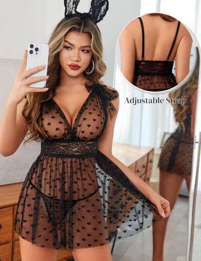 Transparentes Mesh-Spitzen-Babydoll mit V-Ausschnitt-Nachthemd