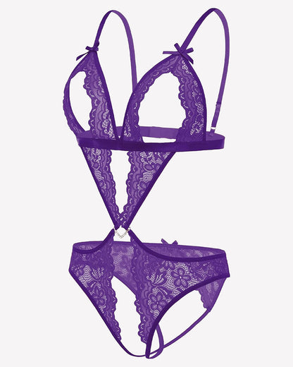 Tiefer V-Teddy-Bodysuit aus Spitze