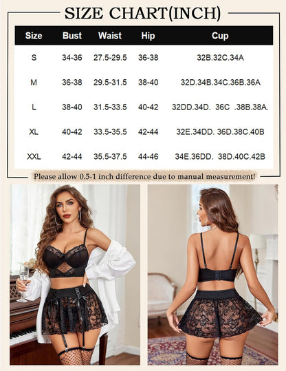 3Pcs Sets Bralette und Panty mit Spitzenrock