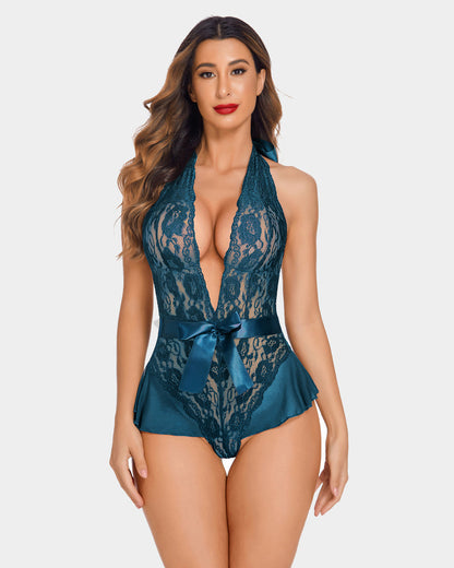 Leopard Spitze Halter V-Ausschnitt Bodysuit